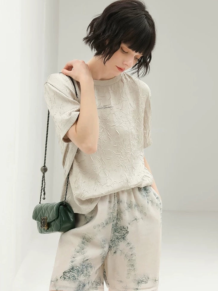 COCOBELLA Commuter Pleated Straight Fit Crew Neck Short Sleeve Women Letter Print T-Shirts