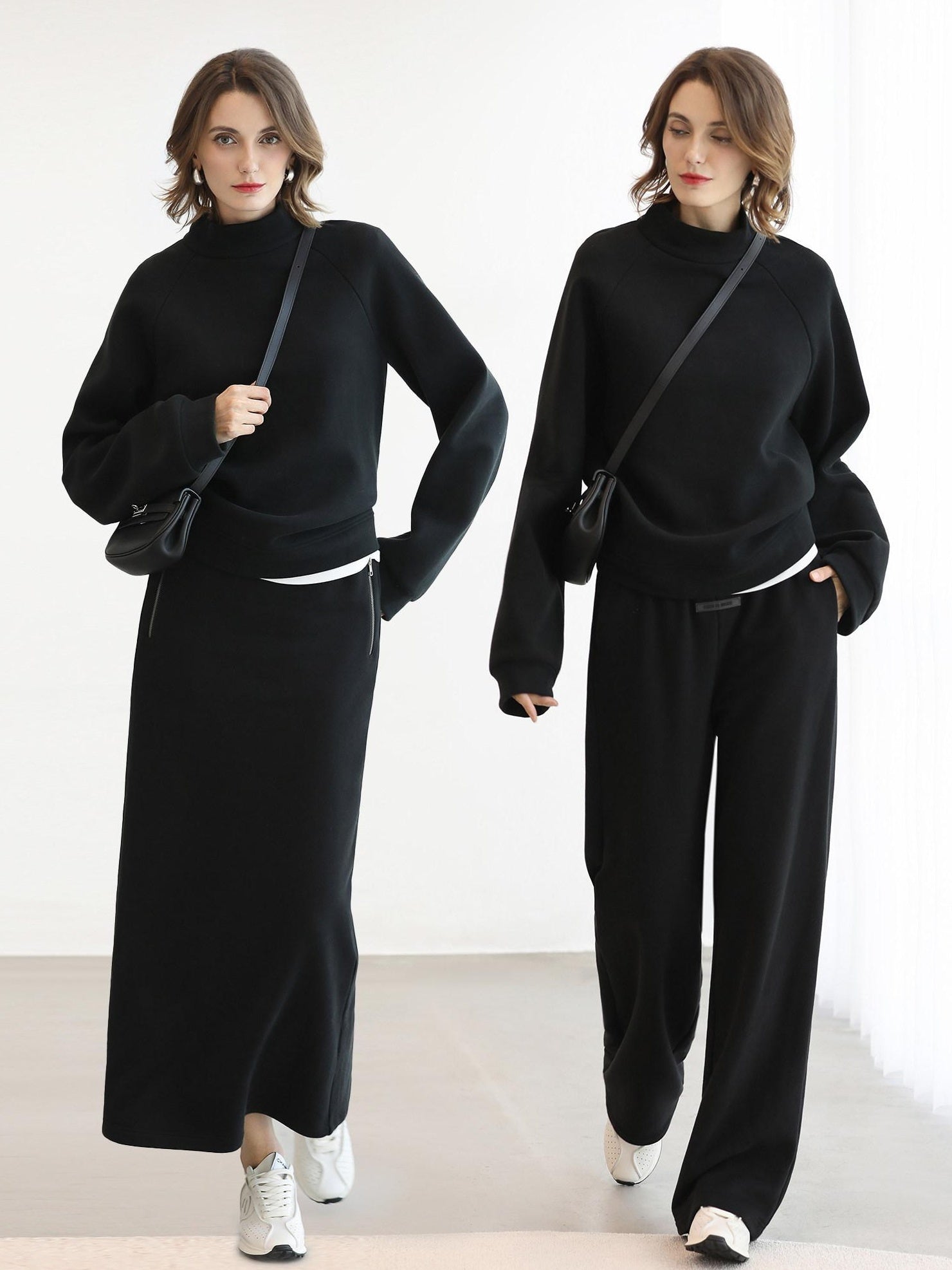 COCOBELLA Cotton Blend Straight Fit Mock Neck Commuter Classic Black Sweatshirts