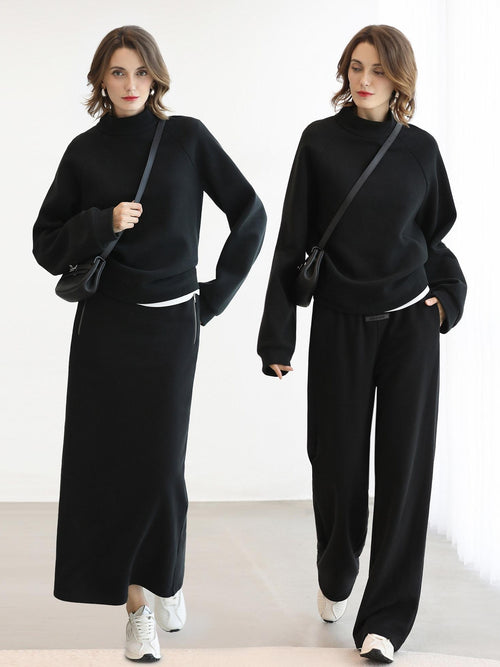 COCOBELLA Cotton Blend Straight Fit Mock Neck Commuter Classic Black Sweatshirts