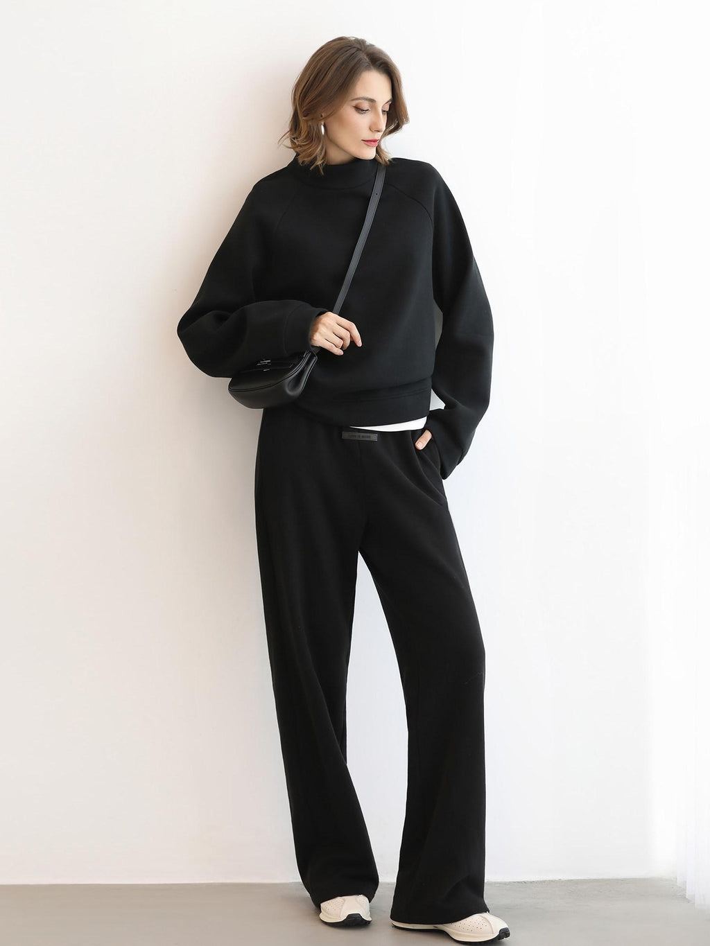 COCOBELLA Cotton Blend Straight Fit Mock Neck Commuter Classic Black Sweatshirts