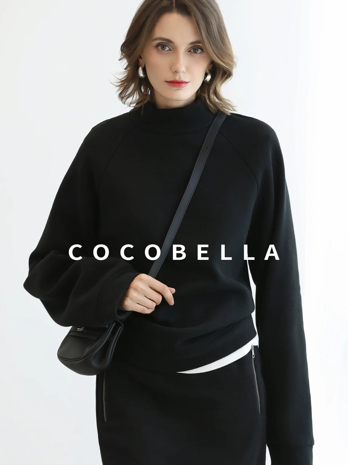 COCOBELLA Cotton Blend Straight Fit Mock Neck Commuter Classic Black Sweatshirts