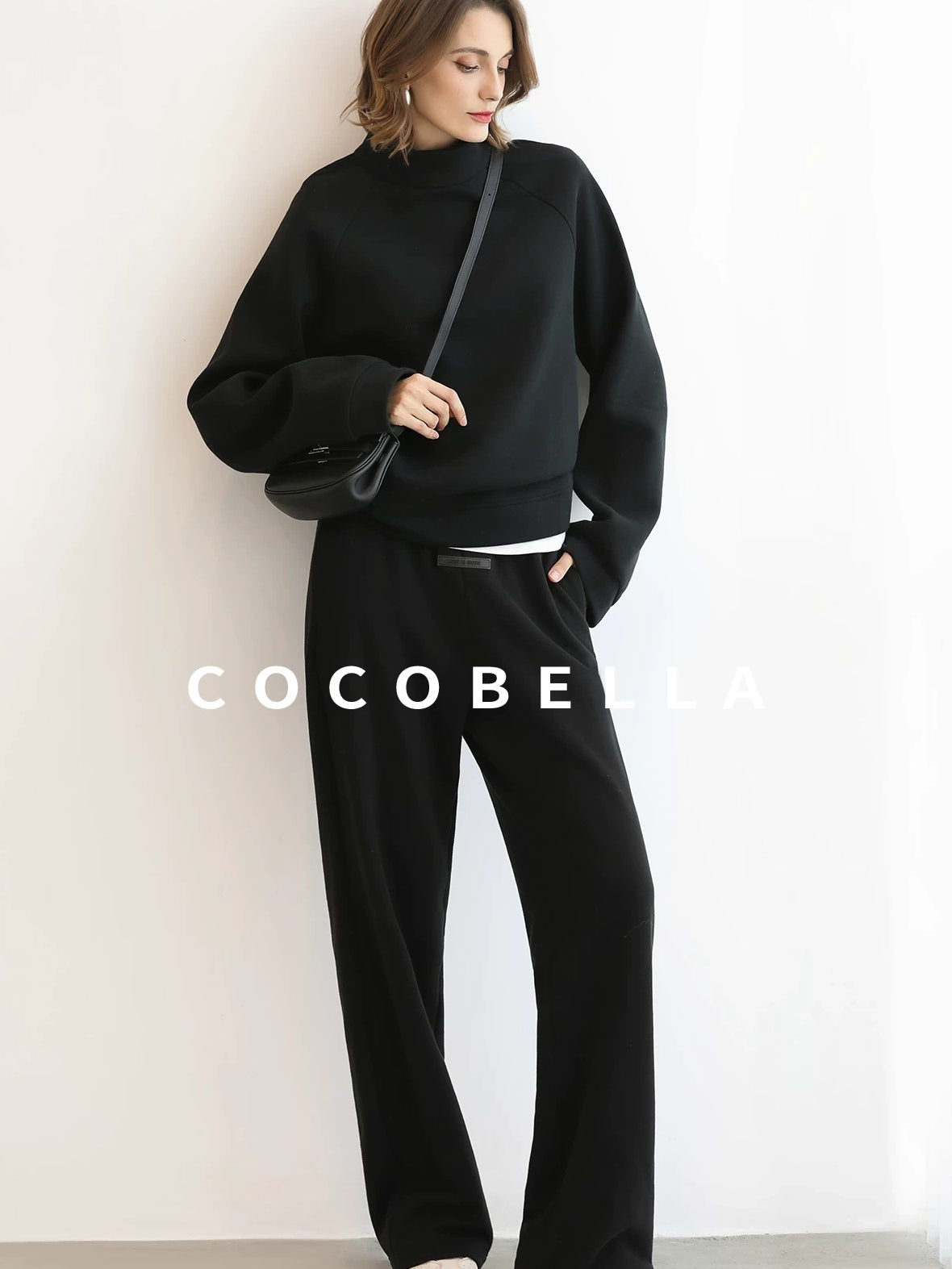 COCOBELLA Cotton Blend Straight Fit Mock Neck Commuter Classic Black Sweatshirts