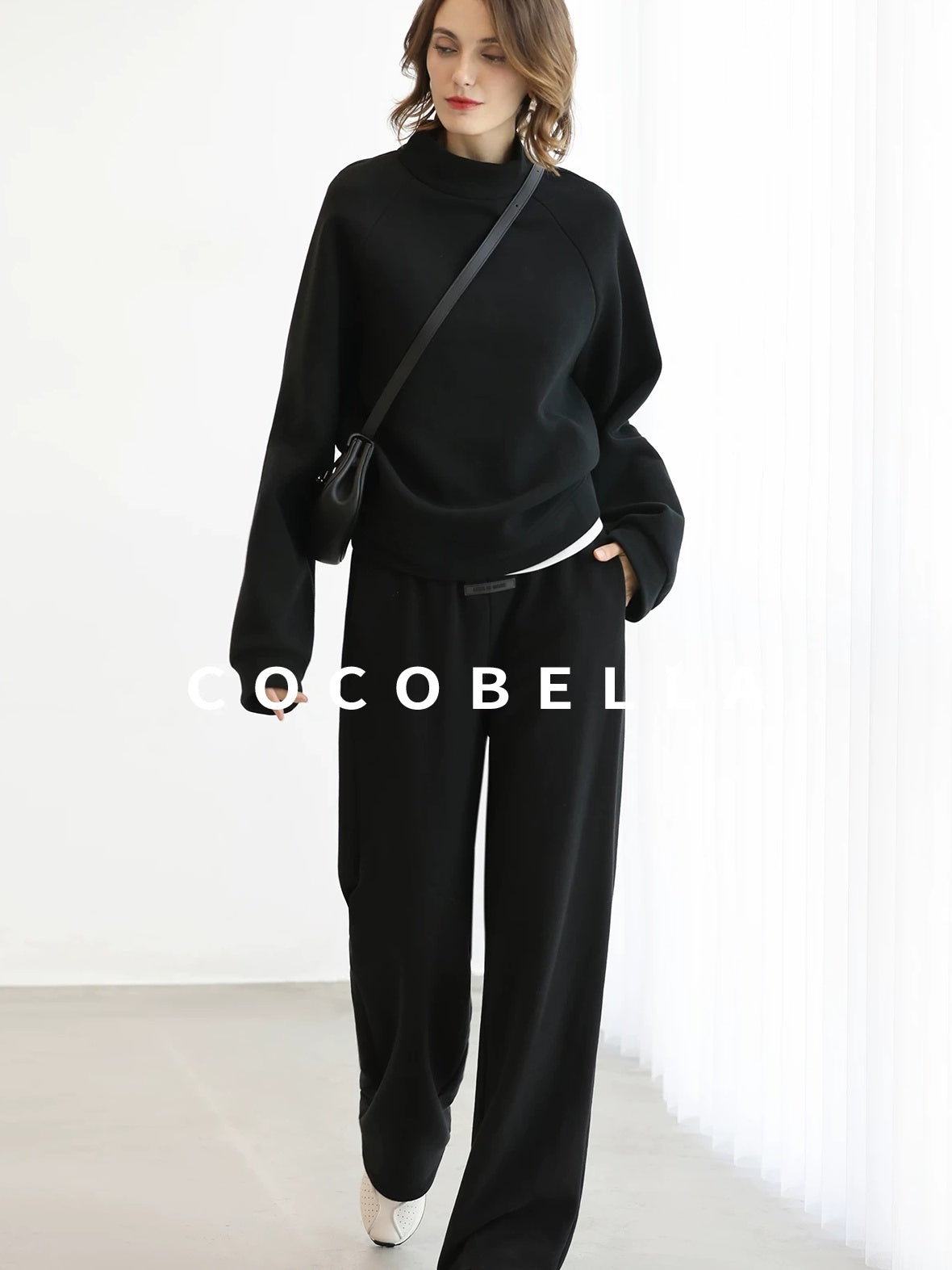 COCOBELLA Cotton Blend Straight Fit Mock Neck Commuter Classic Black Sweatshirts