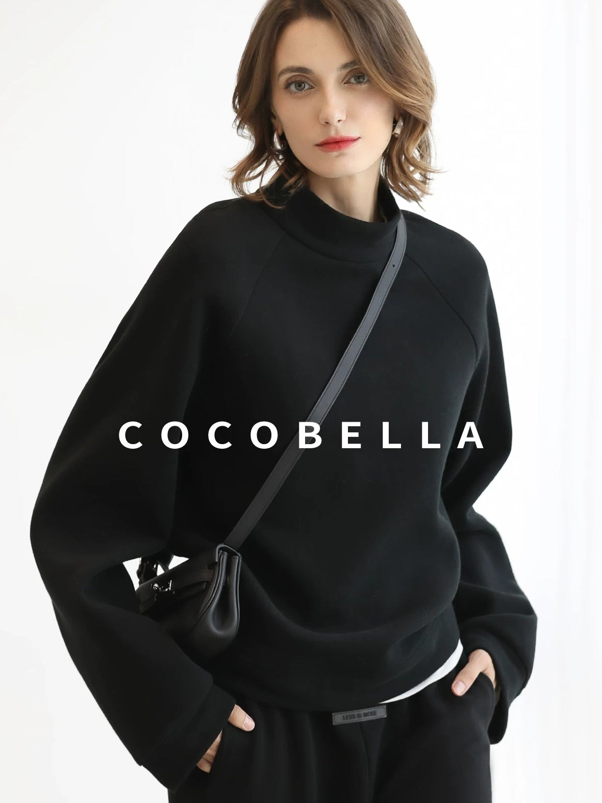 COCOBELLA Cotton Blend Straight Fit Mock Neck Commuter Classic Black Sweatshirts