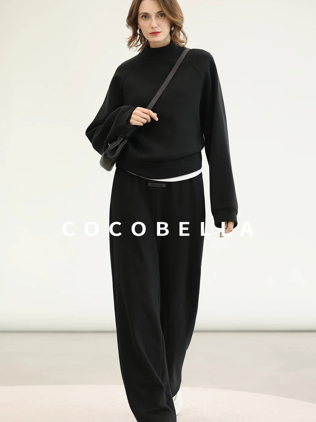 COCOBELLA Cotton Blend Straight Fit Mock Neck Commuter Classic Black Sweatshirts