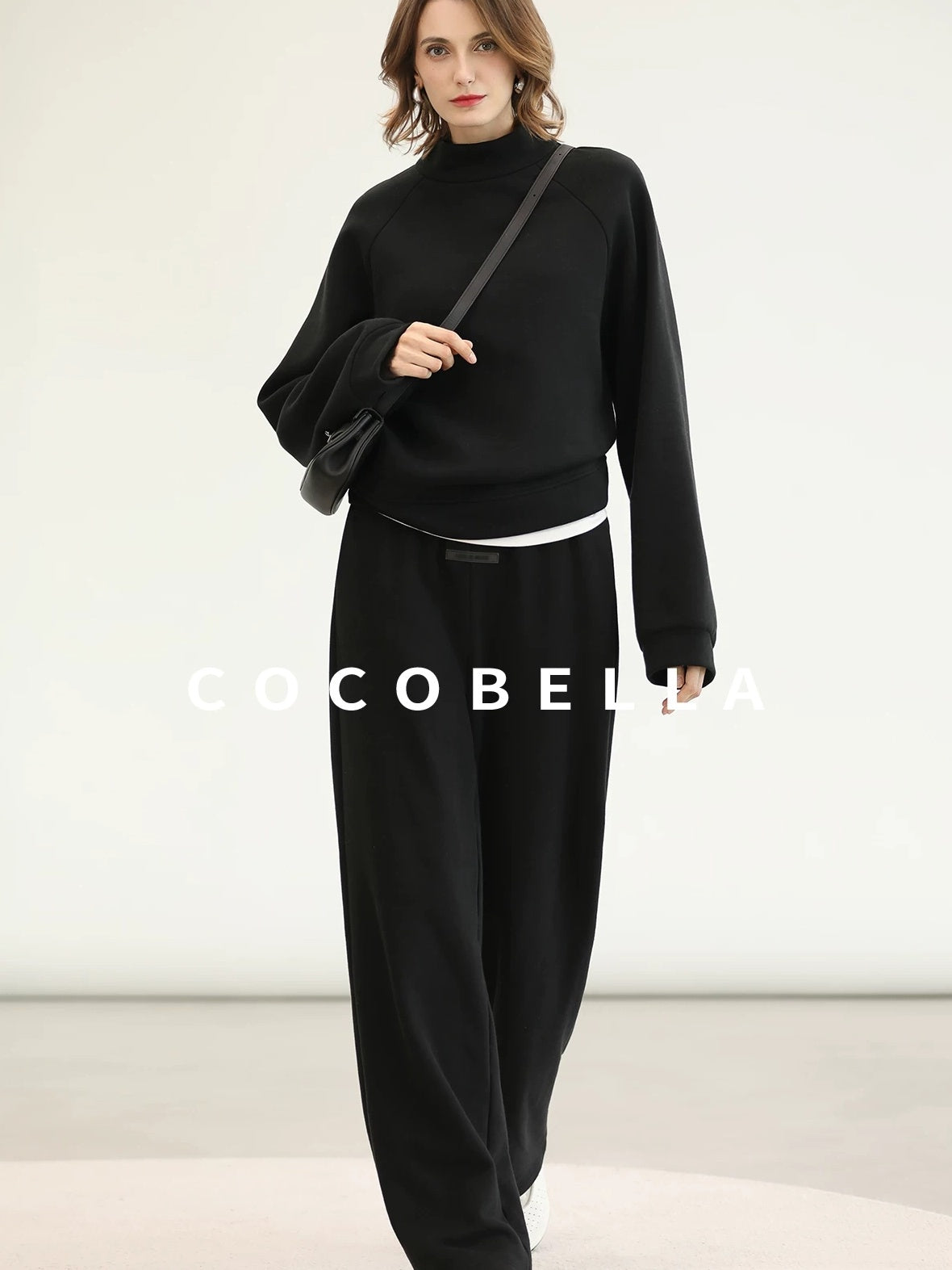 COCOBELLA Cotton Blend Straight Fit Mock Neck Commuter Classic Black Sweatshirts