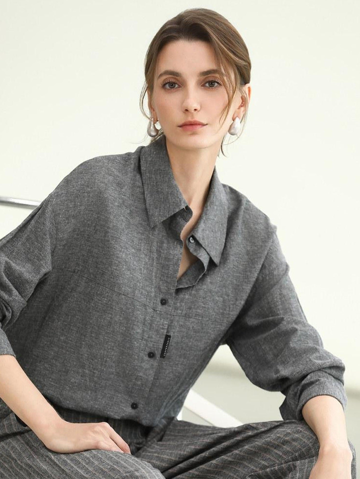 COCOBELLA Cotton Linen Blend Straight Button Collar Women Office Long Sleeve Shirts