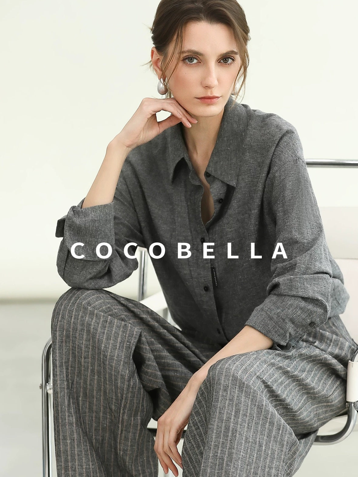 COCOBELLA Cotton Linen Blend Straight Button Collar Women Office Long Sleeve Shirts