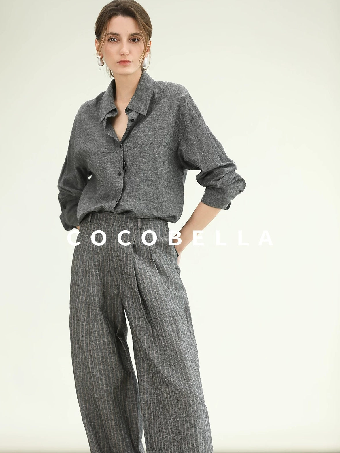 COCOBELLA Cotton Linen Blend Straight Button Collar Women Office Long Sleeve Shirts