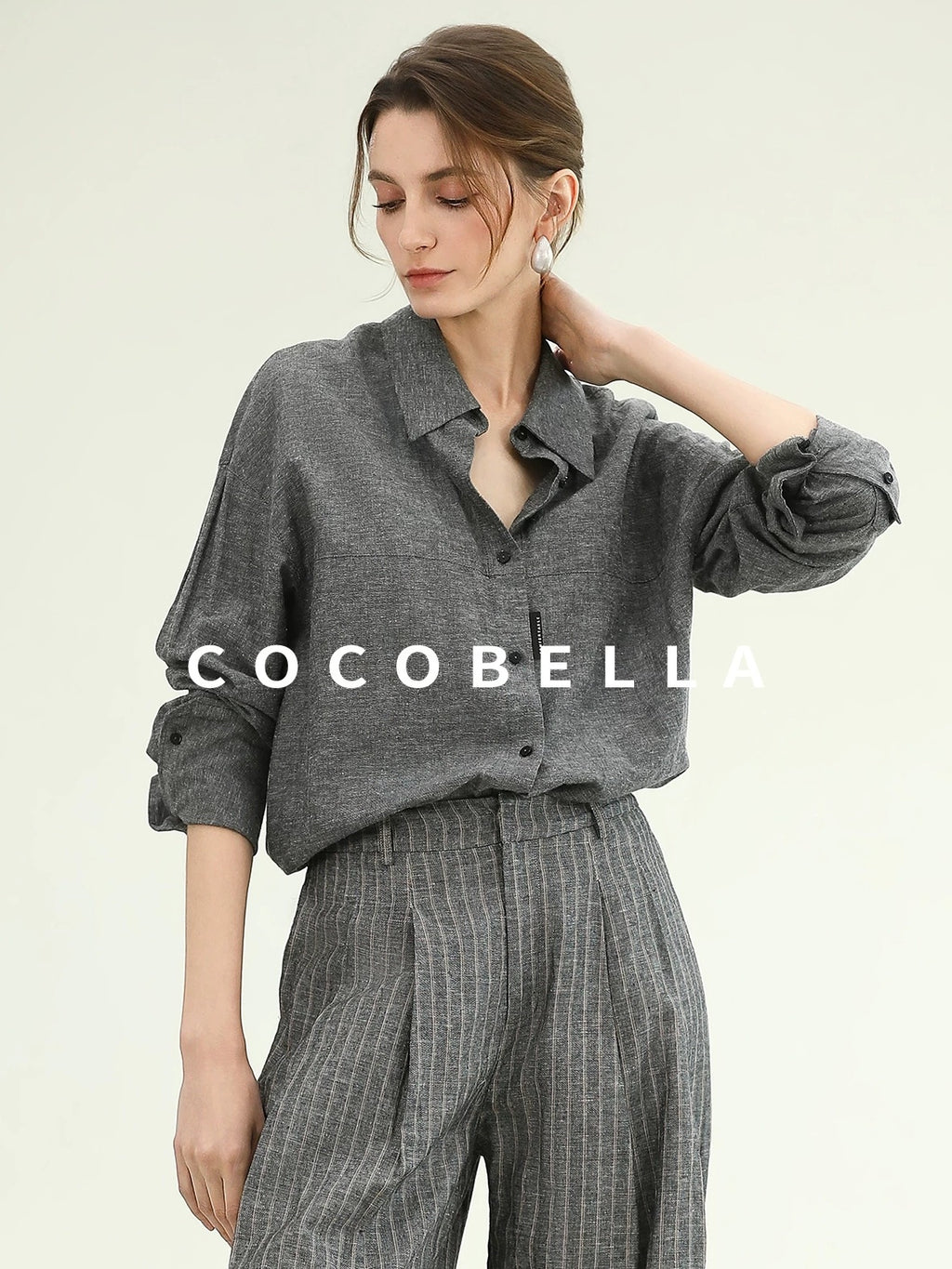 COCOBELLA Cotton Linen Blend Straight Button Collar Women Office Long Sleeve Shirts
