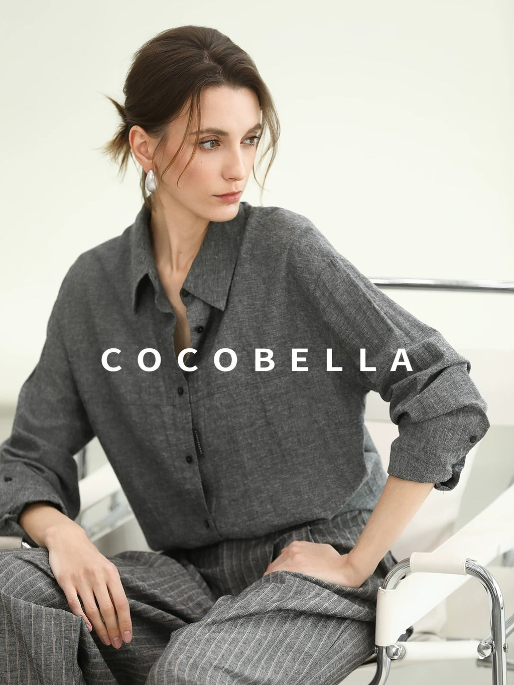 COCOBELLA Cotton Linen Blend Straight Button Collar Women Office Long Sleeve Shirts