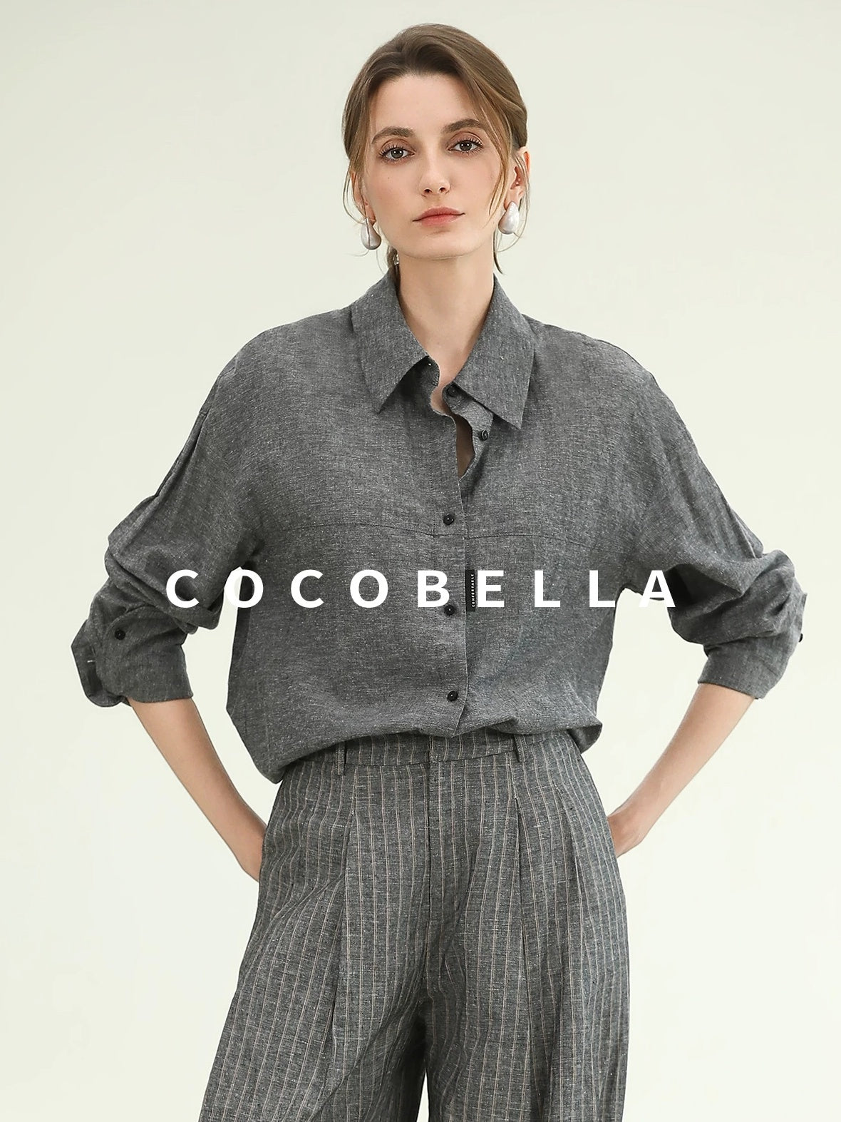 COCOBELLA Cotton Linen Blend Straight Button Collar Women Office Long Sleeve Shirts