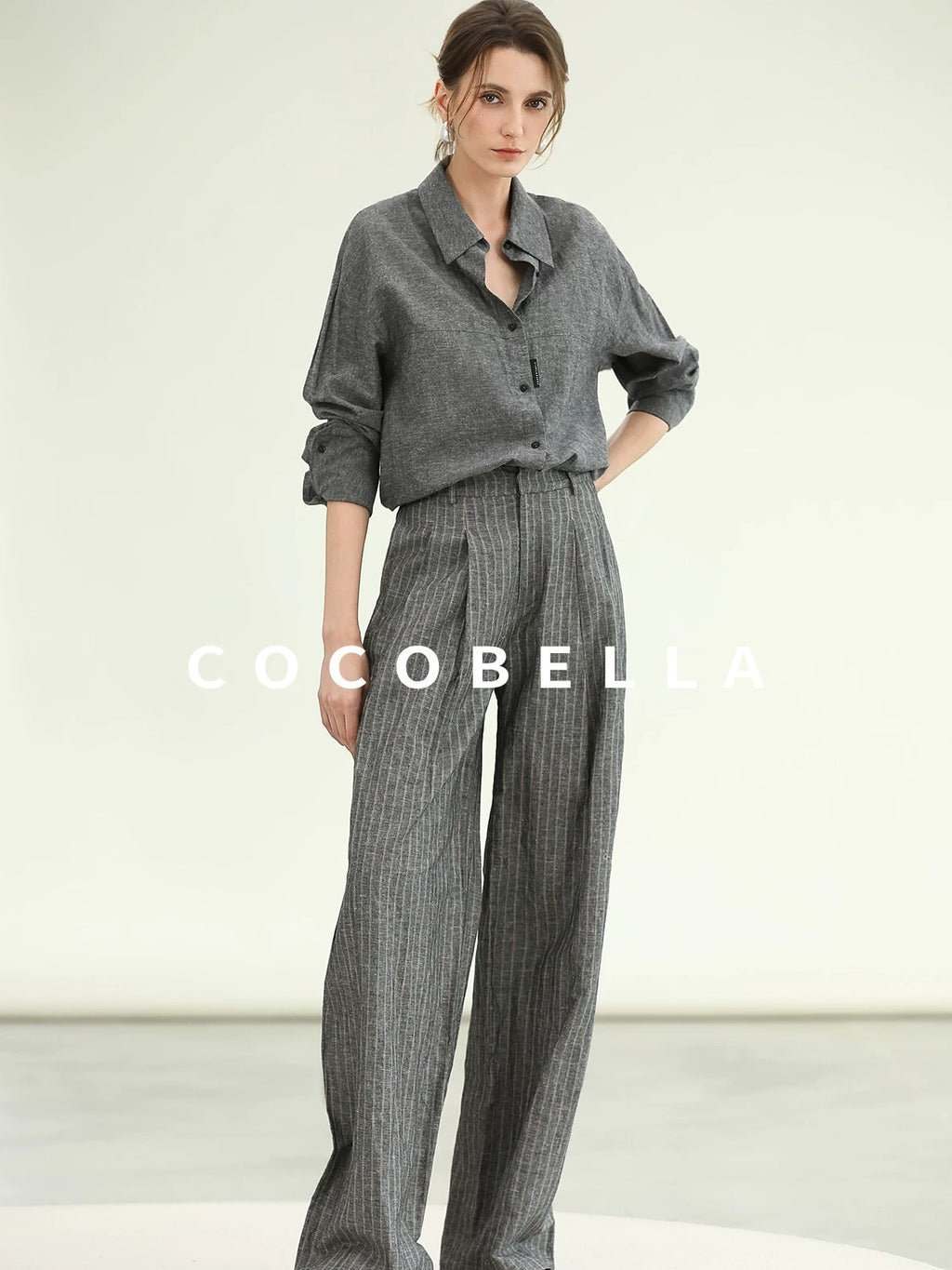 COCOBELLA Cotton Linen Blend Straight Button Collar Women Office Long Sleeve Shirts