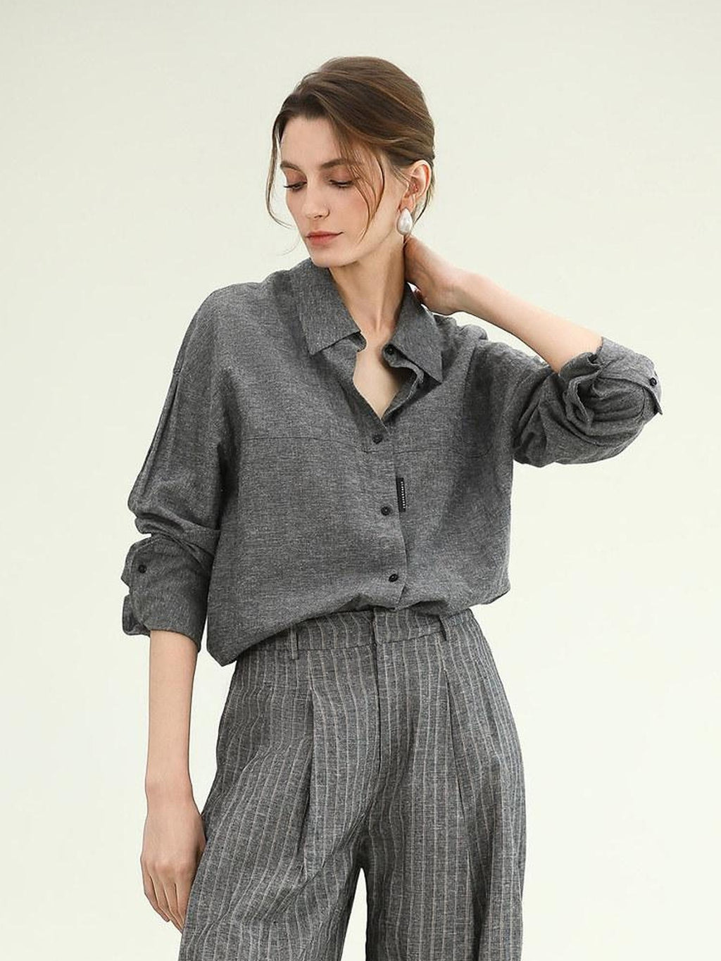 COCOBELLA Cotton Linen Blend Straight Button Collar Women Office Long Sleeve Shirts