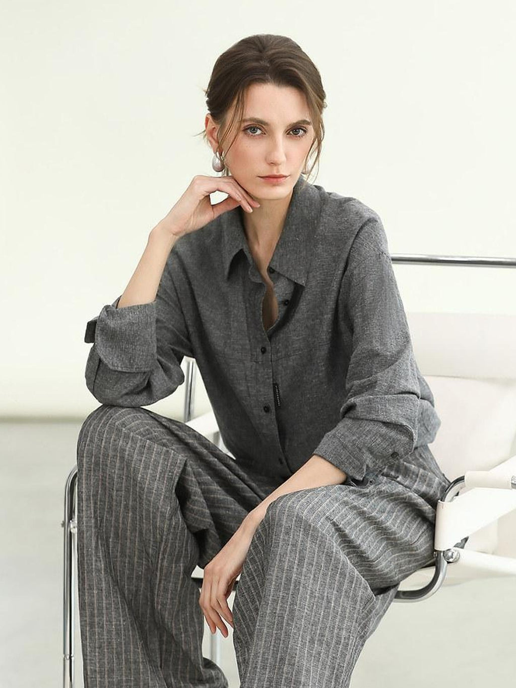 COCOBELLA Cotton Linen Blend Straight Button Collar Women Office Long Sleeve Shirts