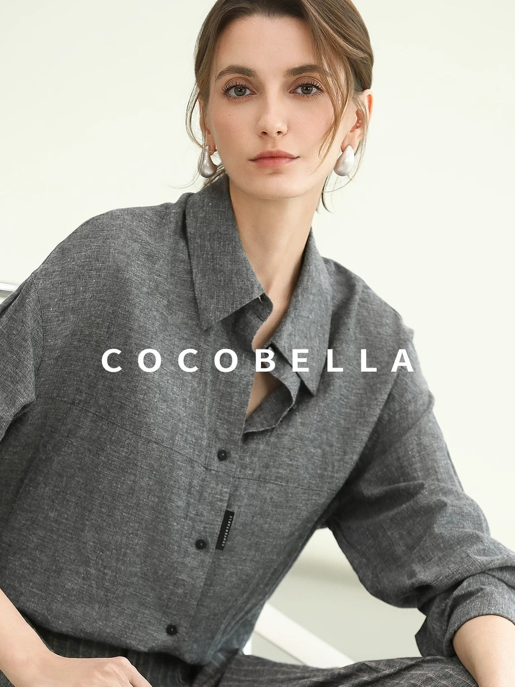 COCOBELLA Cotton Linen Blend Straight Button Collar Women Office Long Sleeve Shirts