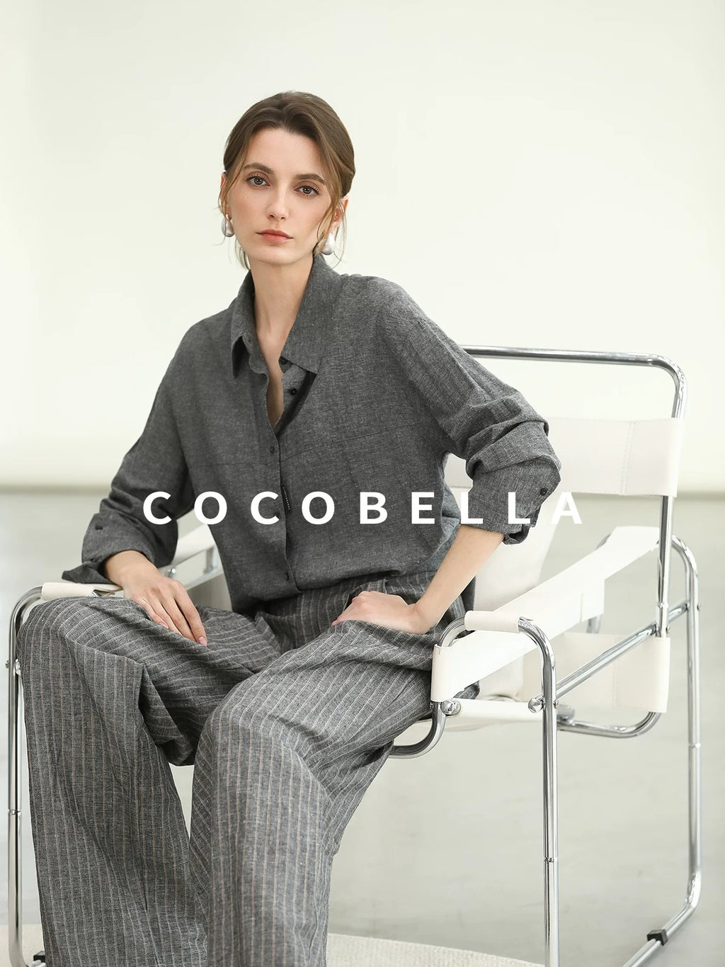 COCOBELLA Cotton Linen Blend Straight Button Collar Women Office Long Sleeve Shirts