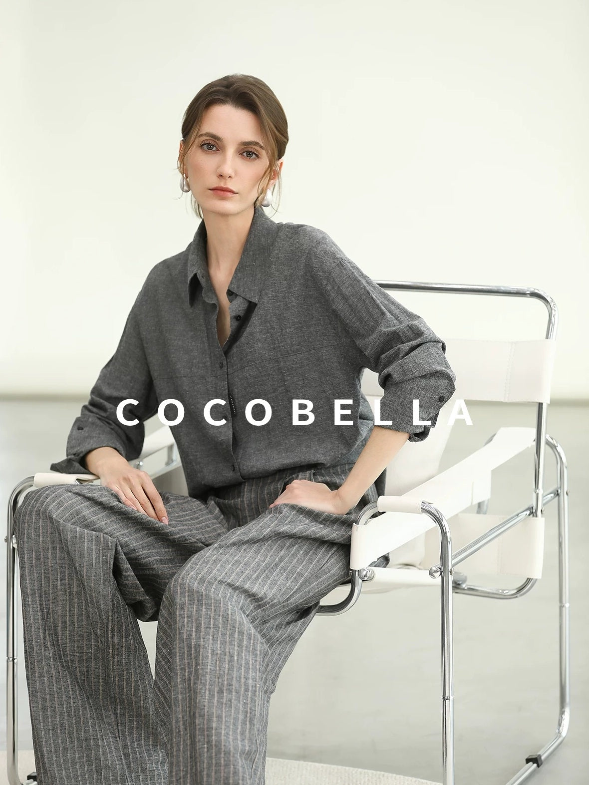 COCOBELLA Cotton Linen Blend Straight Button Collar Women Office Long Sleeve Shirts