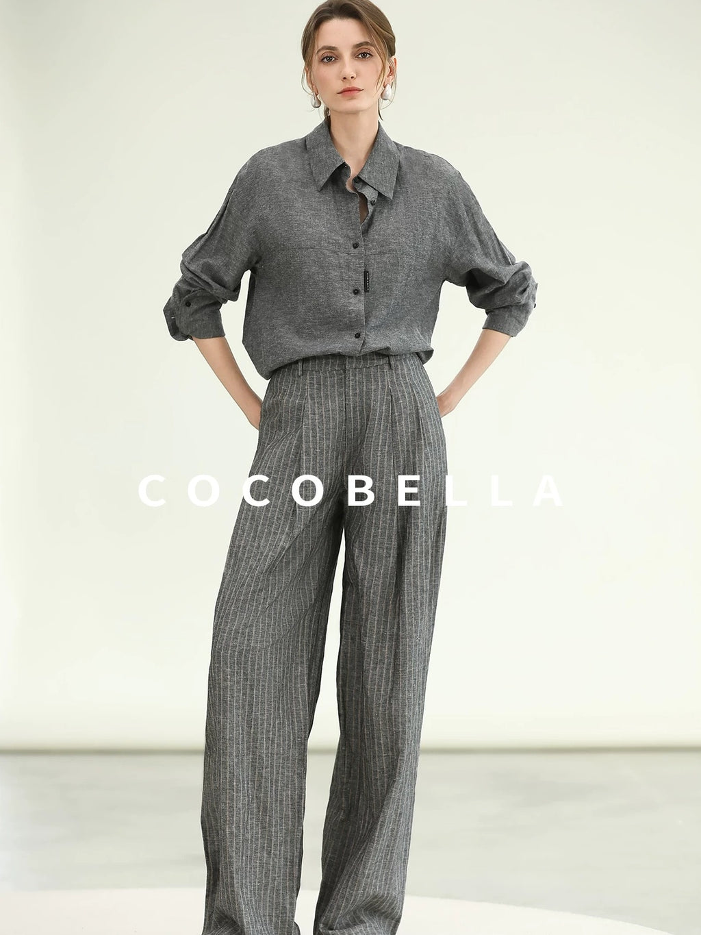 COCOBELLA Cotton Linen Blend Straight Button Collar Women Office Long Sleeve Shirts