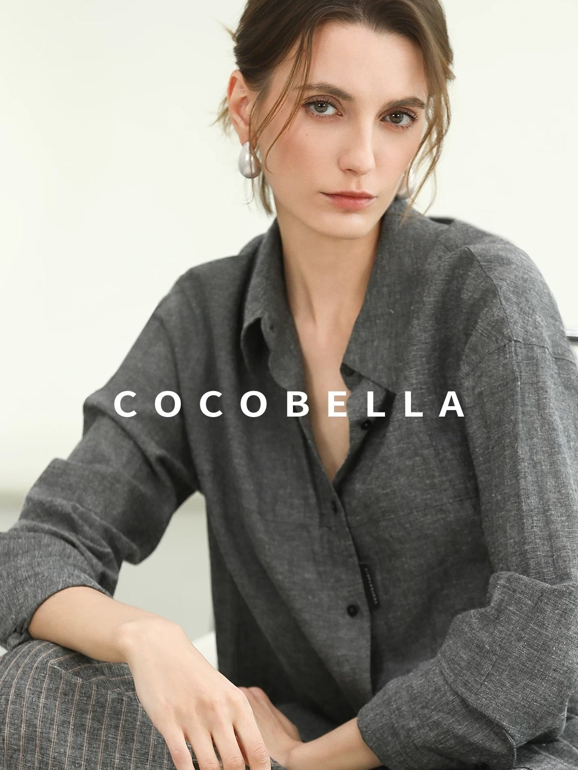 COCOBELLA Cotton Linen Blend Straight Button Collar Women Office Long Sleeve Shirts