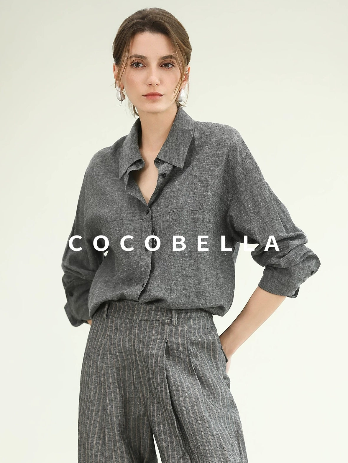 COCOBELLA Cotton Linen Blend Straight Button Collar Women Office Long Sleeve Shirts