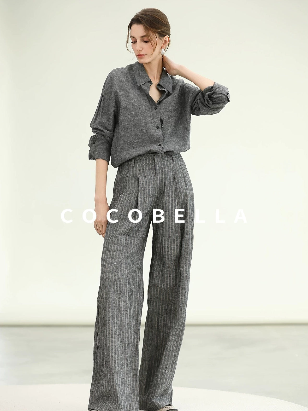 COCOBELLA Cotton Linen Blend Straight Button Collar Women Office Long Sleeve Shirts