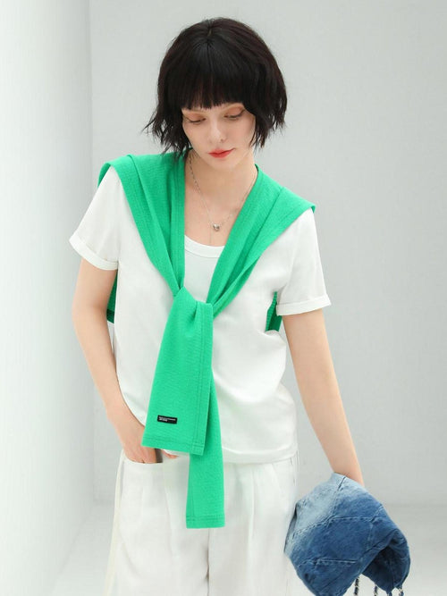 COCOBELLA Cotton Stretch Two Piece Short Sleeve Commuter Casual Women White Green T-Shirts