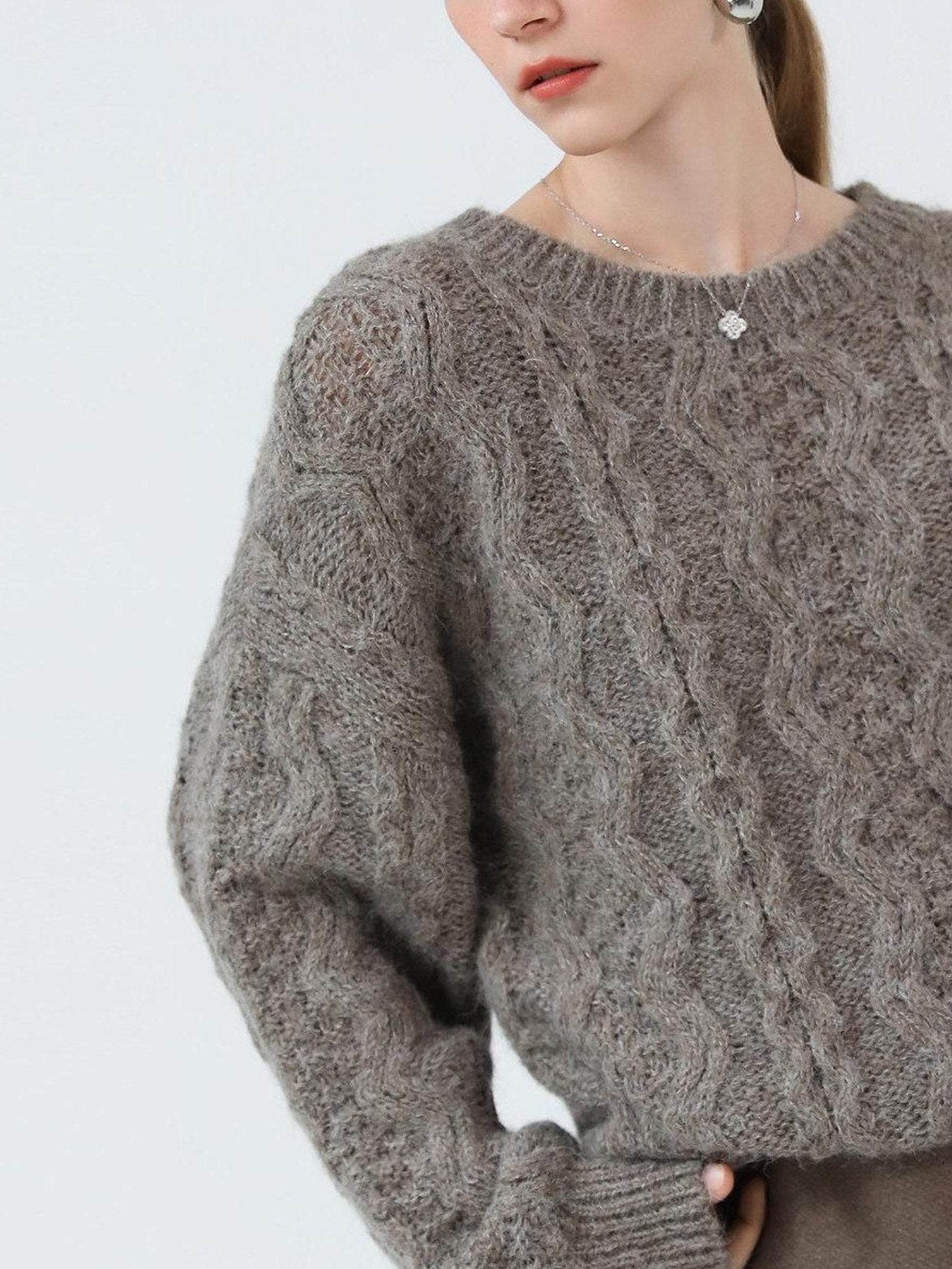 COCOBELLA Cozy Acrylic Wool Blend Commuter Loose Fit Crew Neck Women Oatmeal Gray Sweater