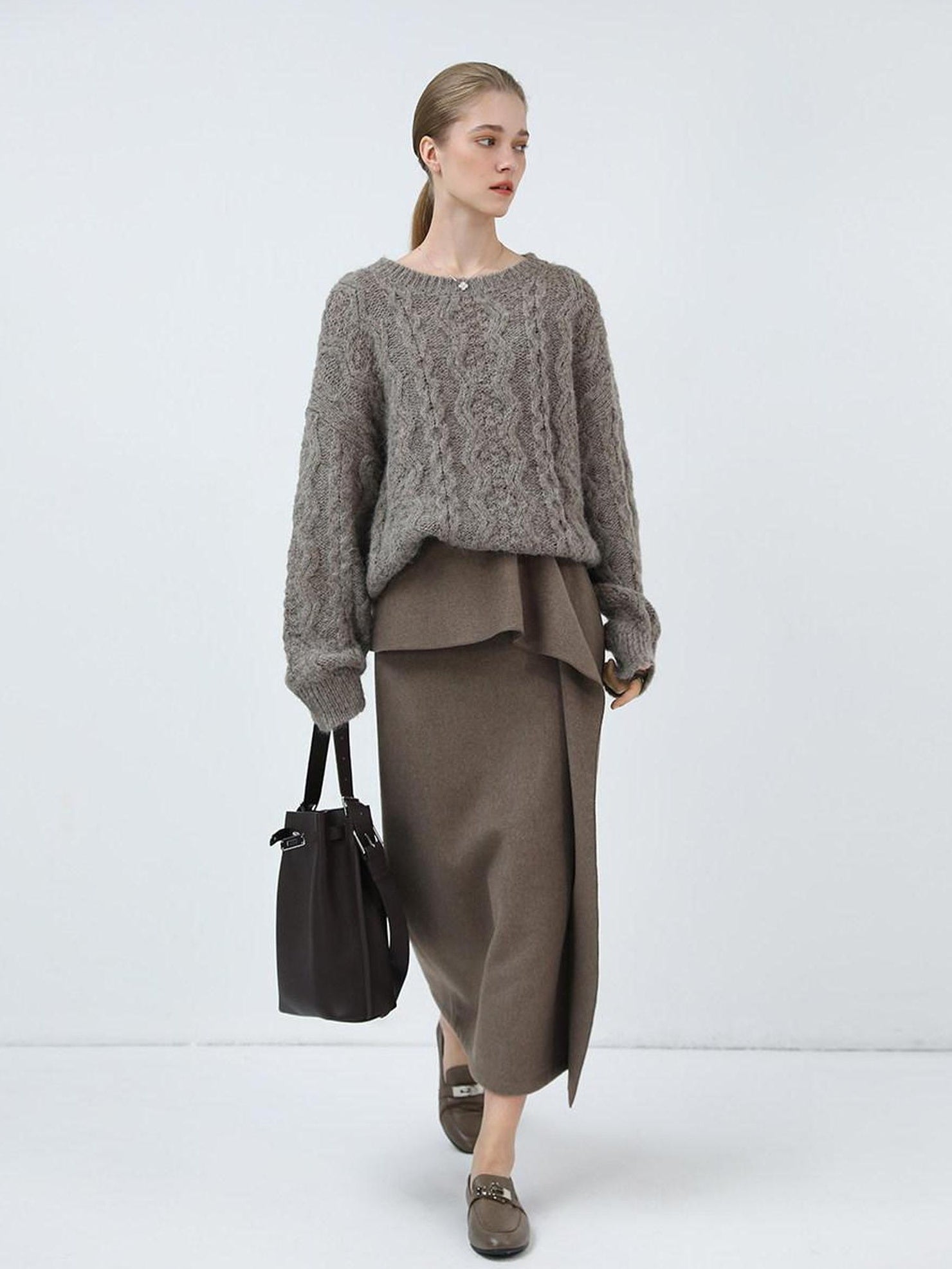 COCOBELLA Cozy Acrylic Wool Blend Commuter Loose Fit Crew Neck Women Oatmeal Gray Sweater