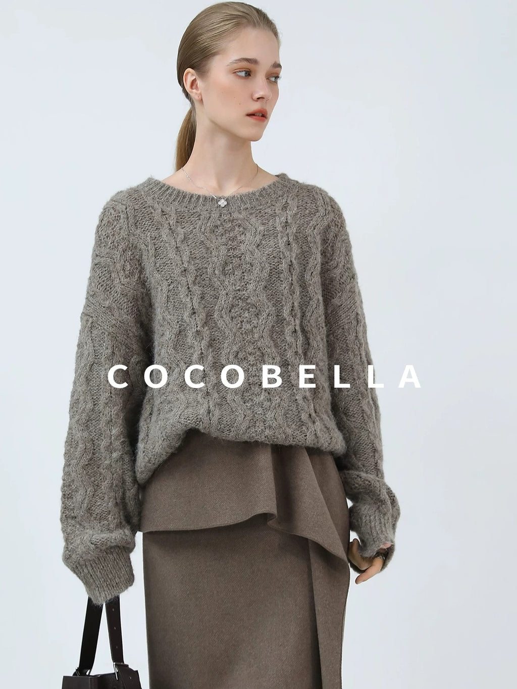 COCOBELLA Cozy Acrylic Wool Blend Commuter Loose Fit Crew Neck Women Oatmeal Gray Sweater