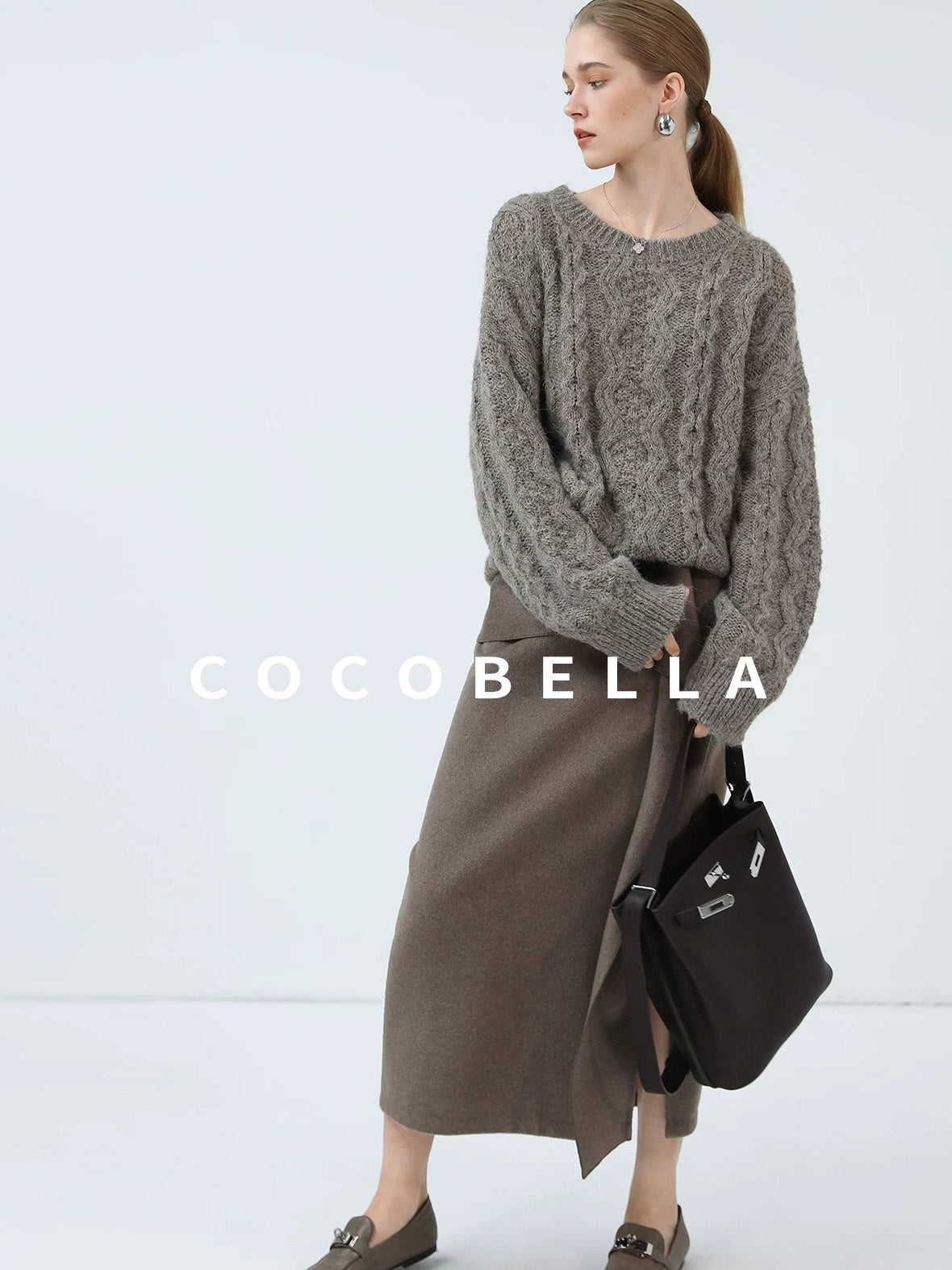 COCOBELLA Cozy Acrylic Wool Blend Commuter Loose Fit Crew Neck Women Oatmeal Gray Sweater