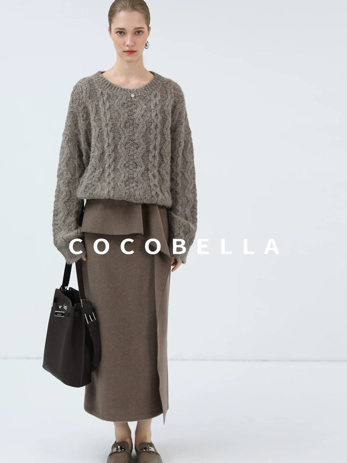 COCOBELLA Cozy Acrylic Wool Blend Commuter Loose Fit Crew Neck Women Oatmeal Gray Sweater
