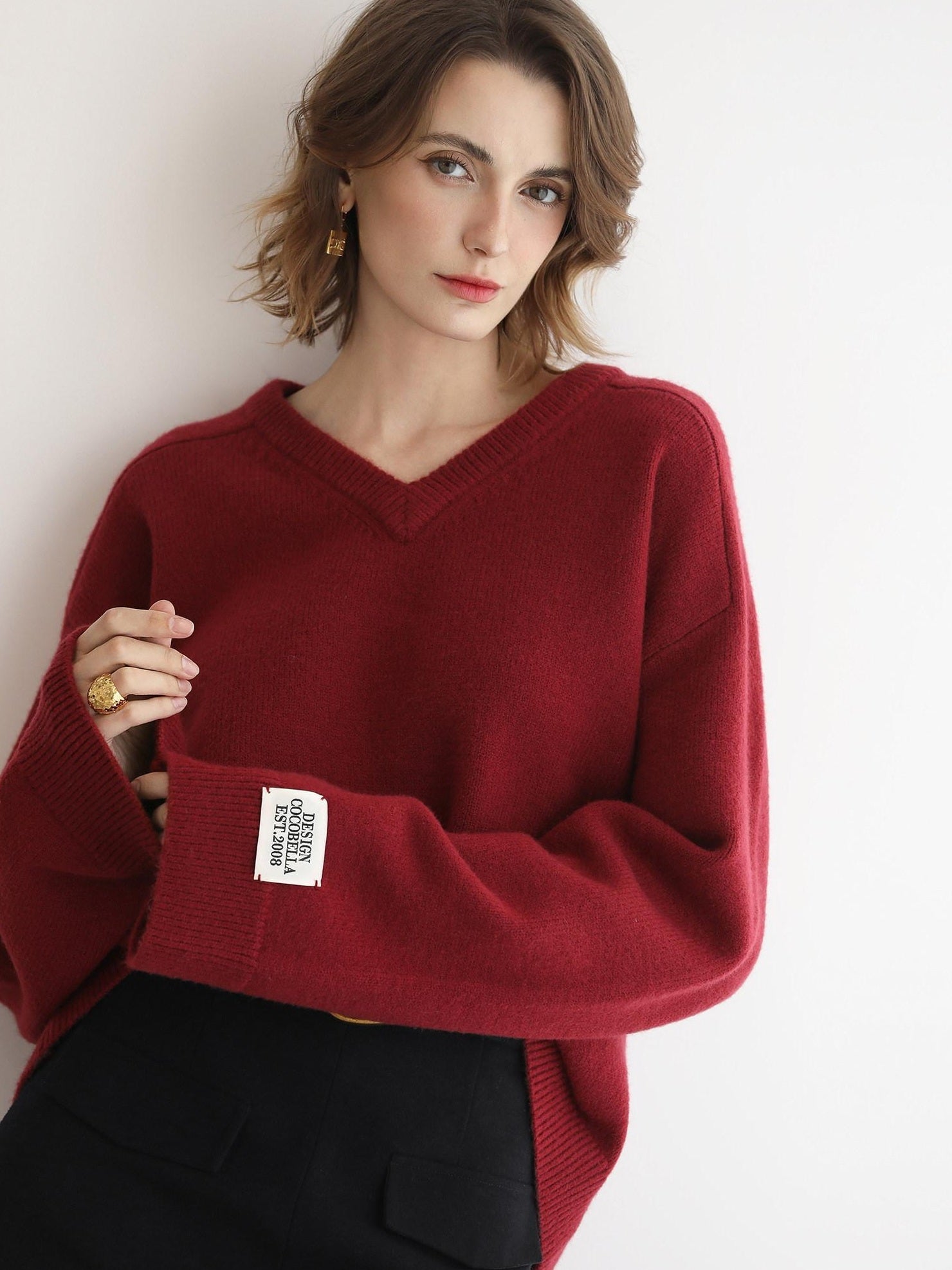 COCOBELLA Cozy Acrylic Wool Blend Relaxed Fit Commuter V Neck Knit Women Sweater