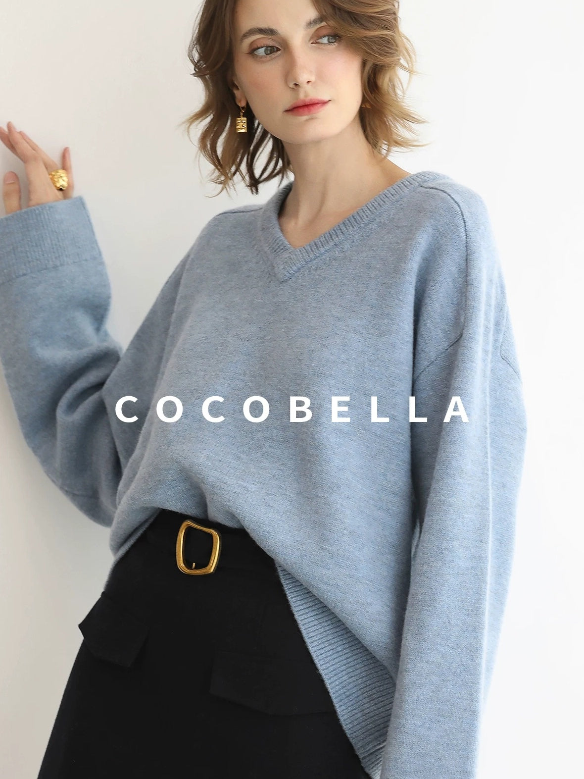 COCOBELLA Cozy Acrylic Wool Blend Relaxed Fit Commuter V Neck Knit Women Sweater