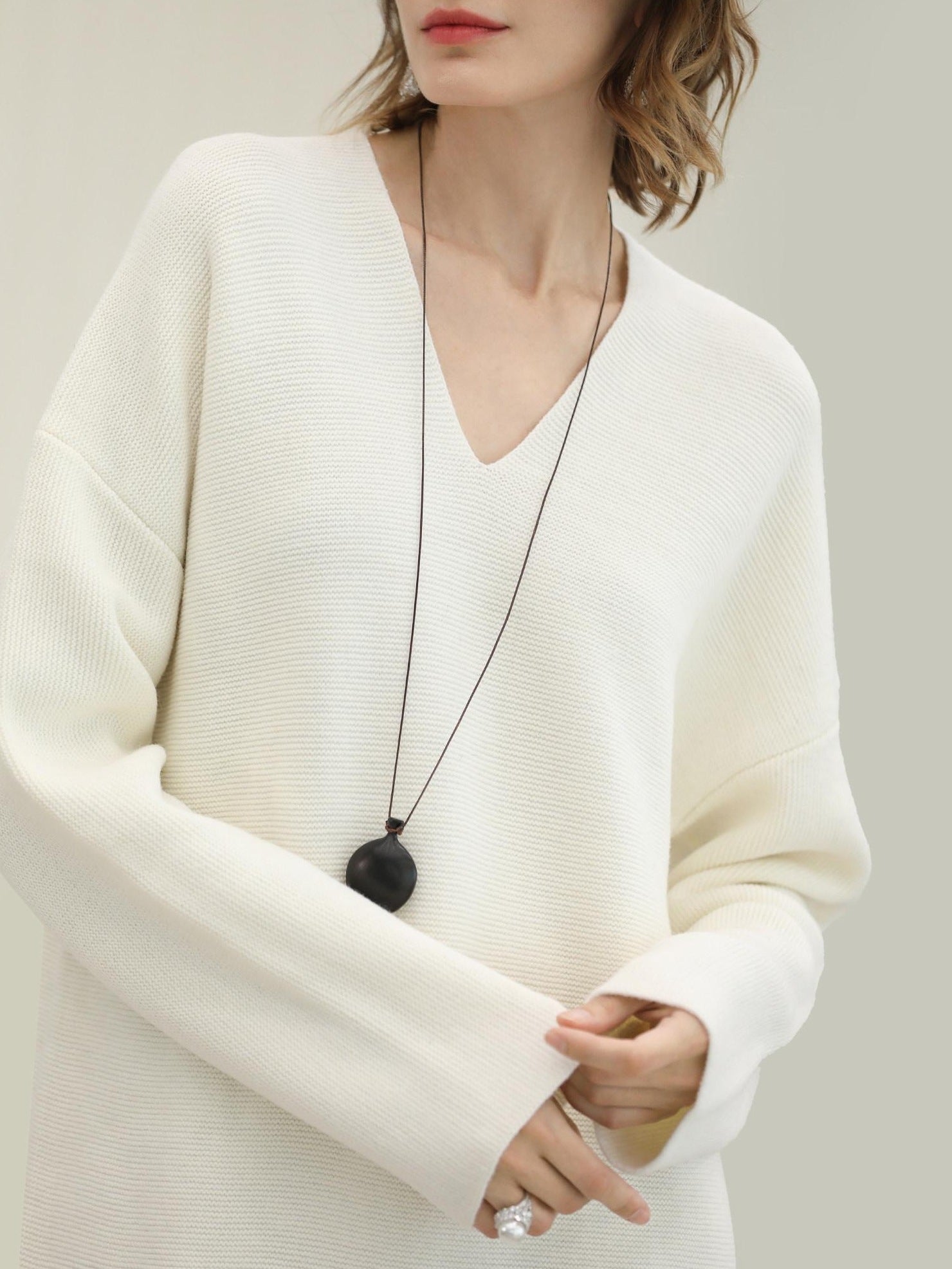 COCOBELLA Cozy Acrylic Wool Knit V Neck Drop Shoulder H Line Straight Commuter Dresses