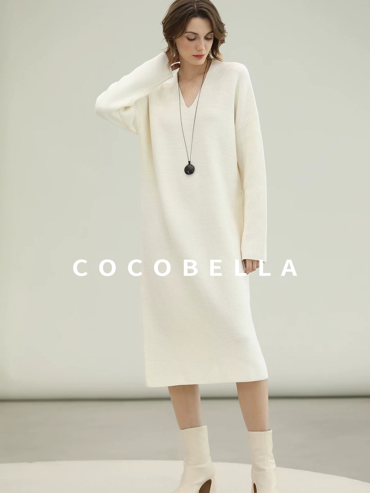 COCOBELLA Cozy Acrylic Wool Knit V Neck Drop Shoulder H Line Straight Commuter Dresses