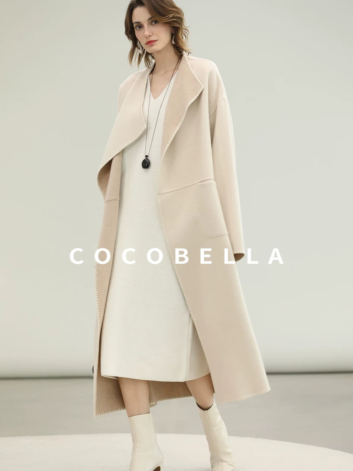 COCOBELLA Cozy Acrylic Wool Knit V Neck Drop Shoulder H Line Straight Commuter Dresses