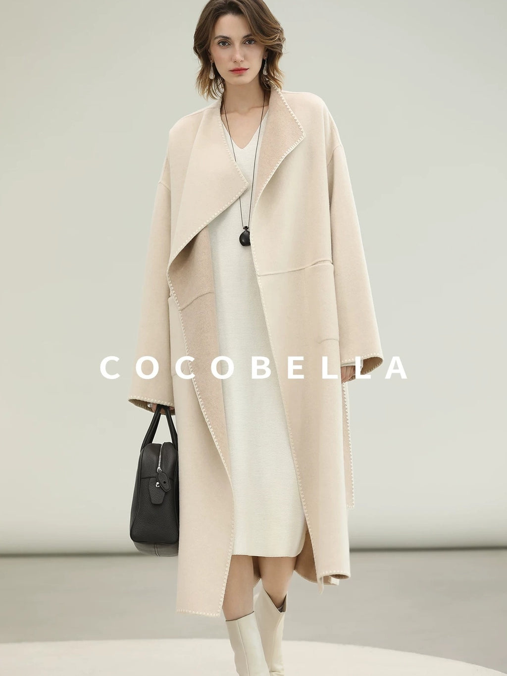 COCOBELLA Cozy Acrylic Wool Knit V Neck Drop Shoulder H Line Straight Commuter Dresses