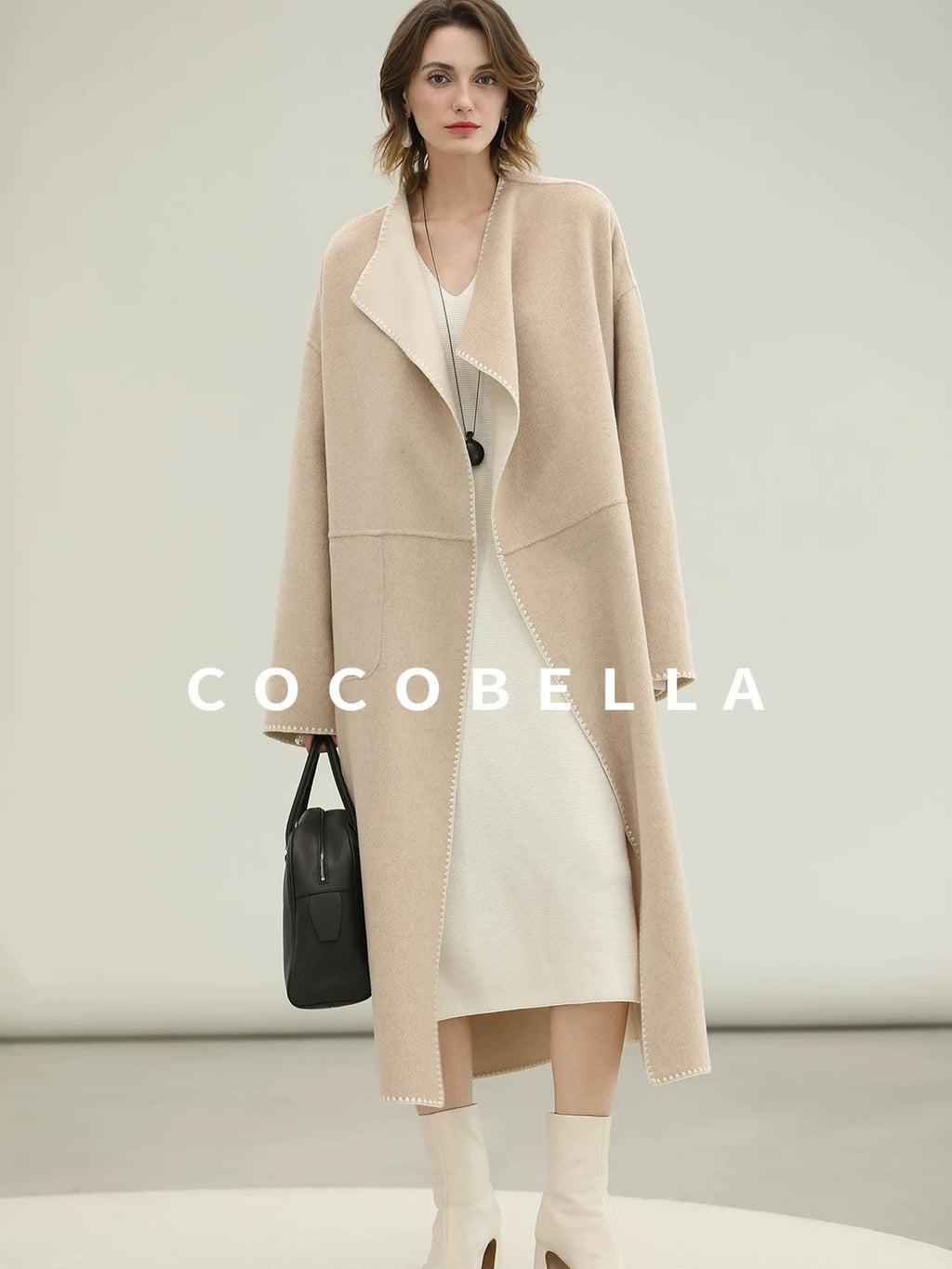 COCOBELLA Cozy Acrylic Wool Knit V Neck Drop Shoulder H Line Straight Commuter Dresses