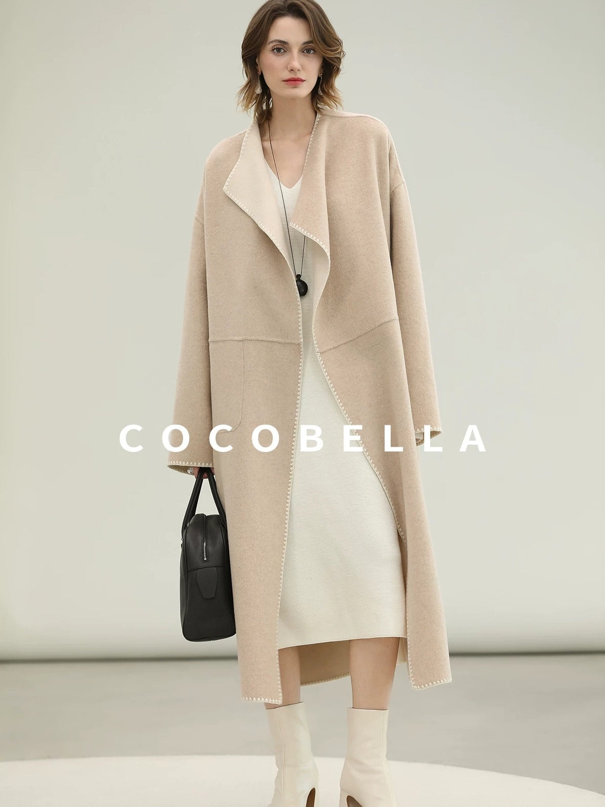 COCOBELLA Cozy Acrylic Wool Knit V Neck Drop Shoulder H Line Straight Commuter Dresses