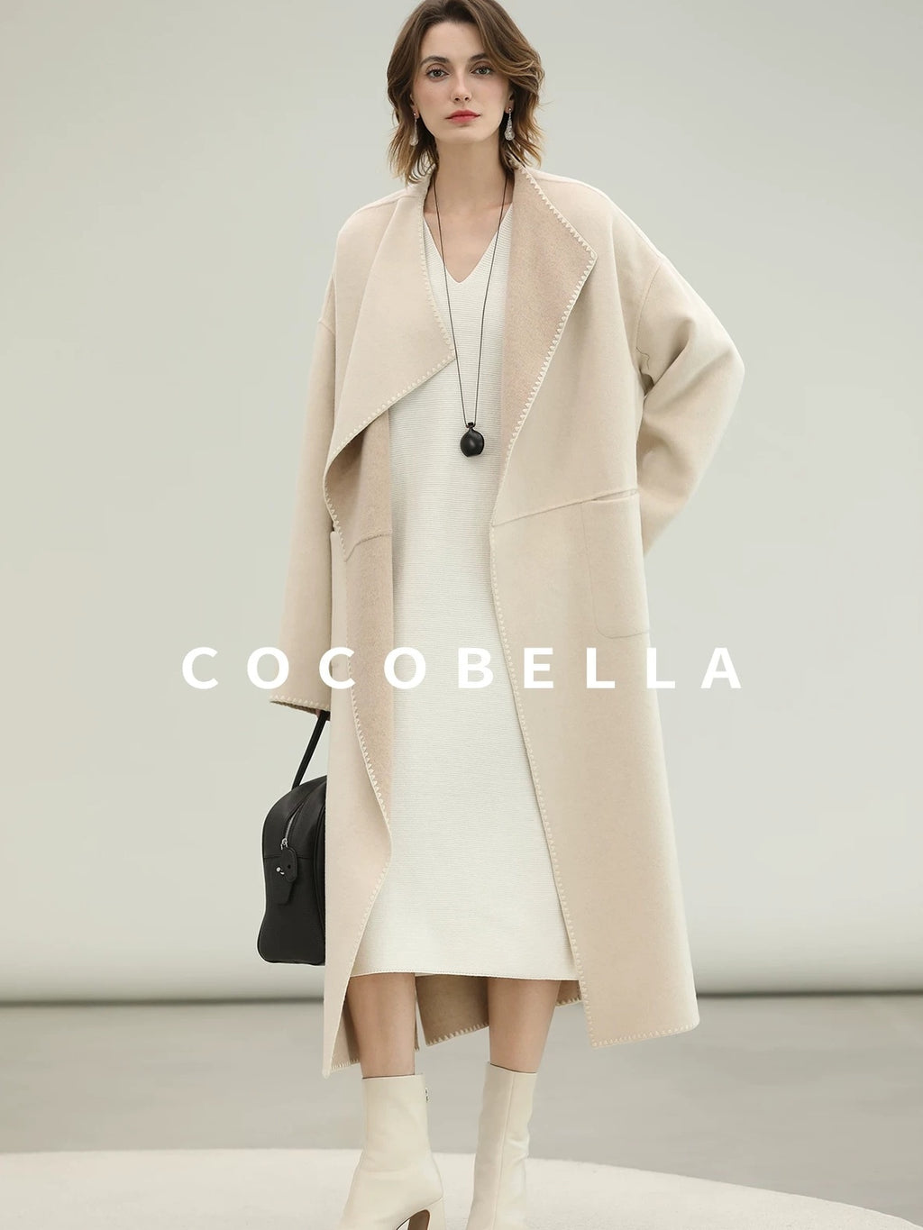 COCOBELLA Cozy Acrylic Wool Knit V Neck Drop Shoulder H Line Straight Commuter Dresses