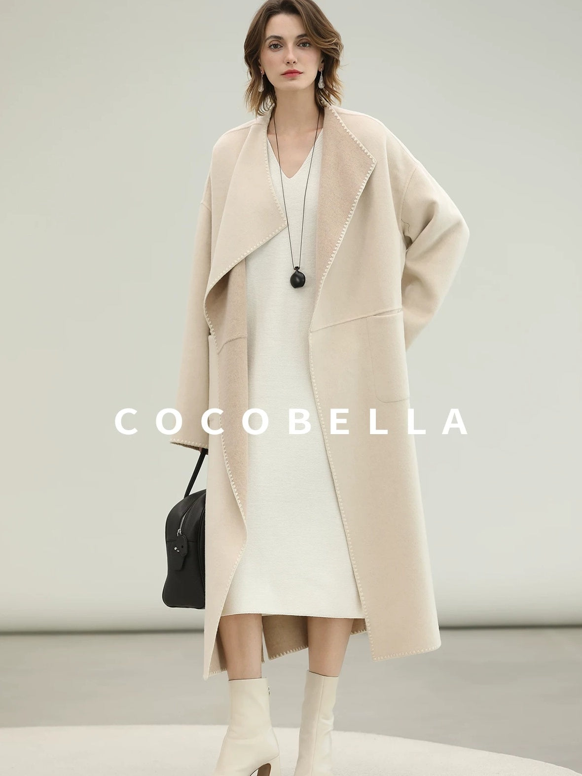 COCOBELLA Cozy Acrylic Wool Knit V Neck Drop Shoulder H Line Straight Commuter Dresses