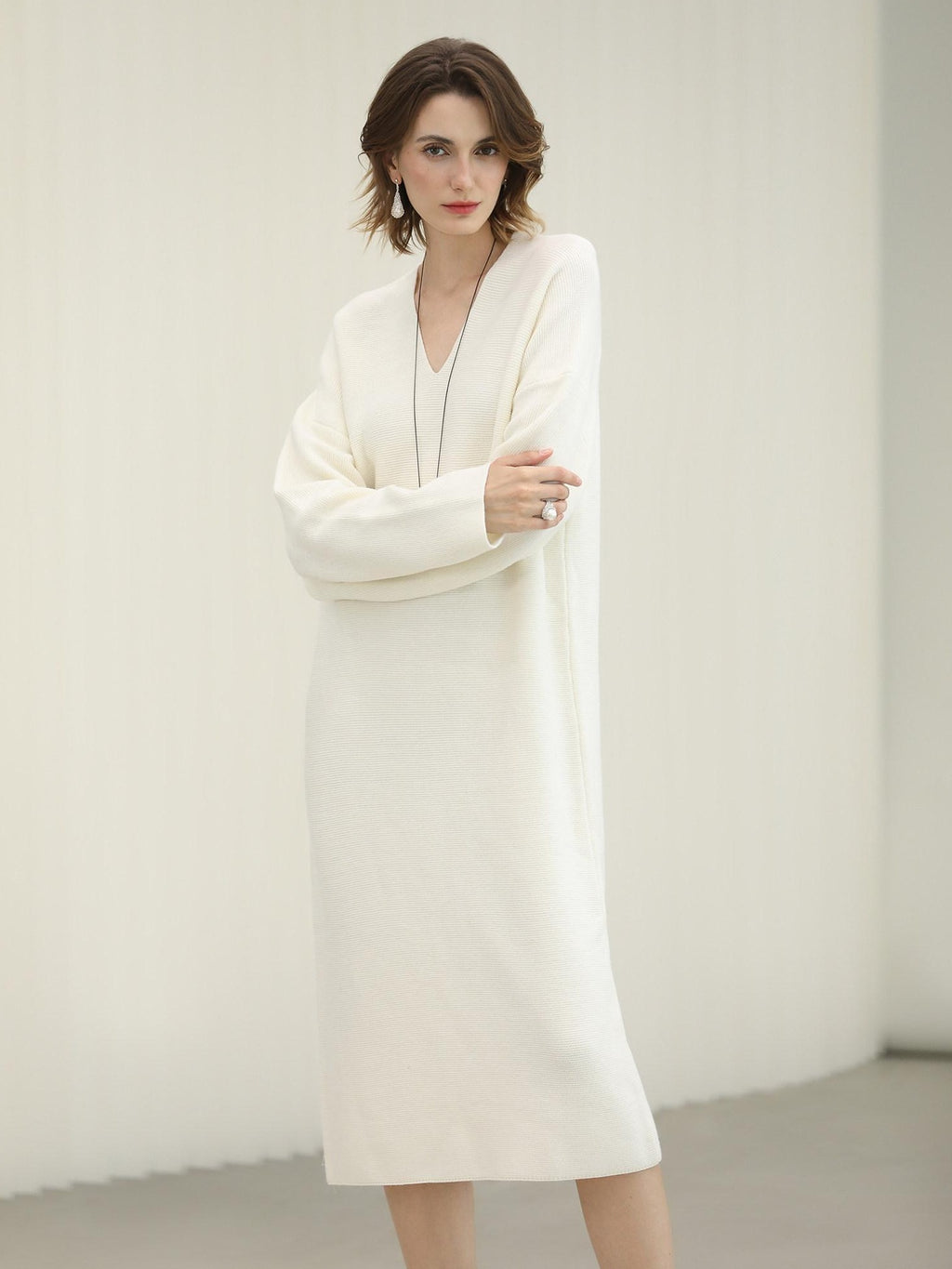 COCOBELLA Cozy Acrylic Wool Knit V Neck Drop Shoulder H Line Straight Commuter Dresses