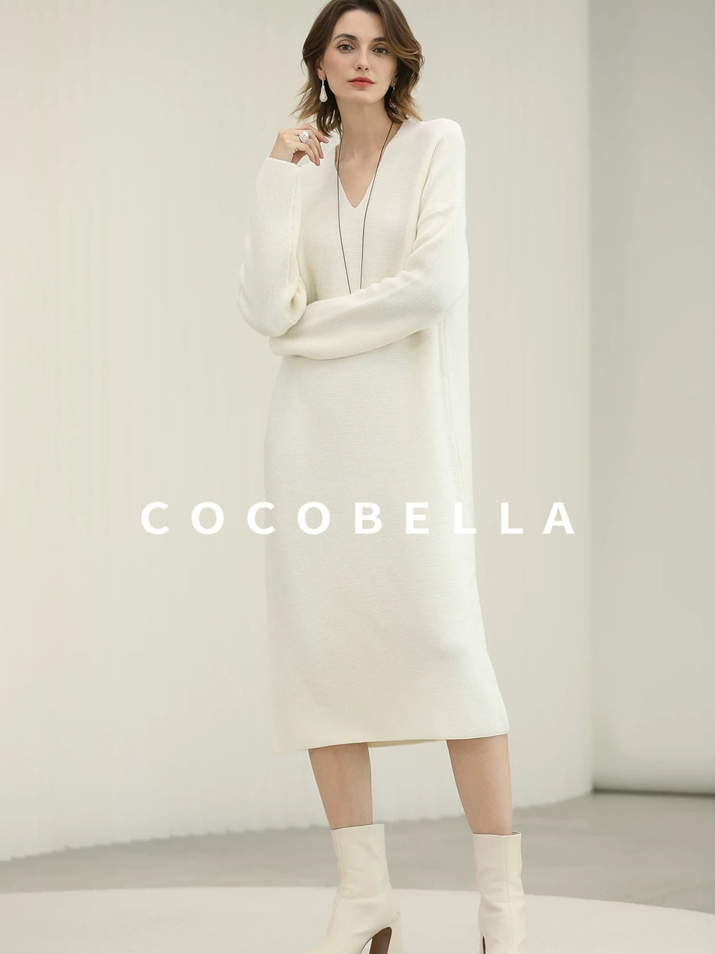 COCOBELLA Cozy Acrylic Wool Knit V Neck Drop Shoulder H Line Straight Commuter Dresses