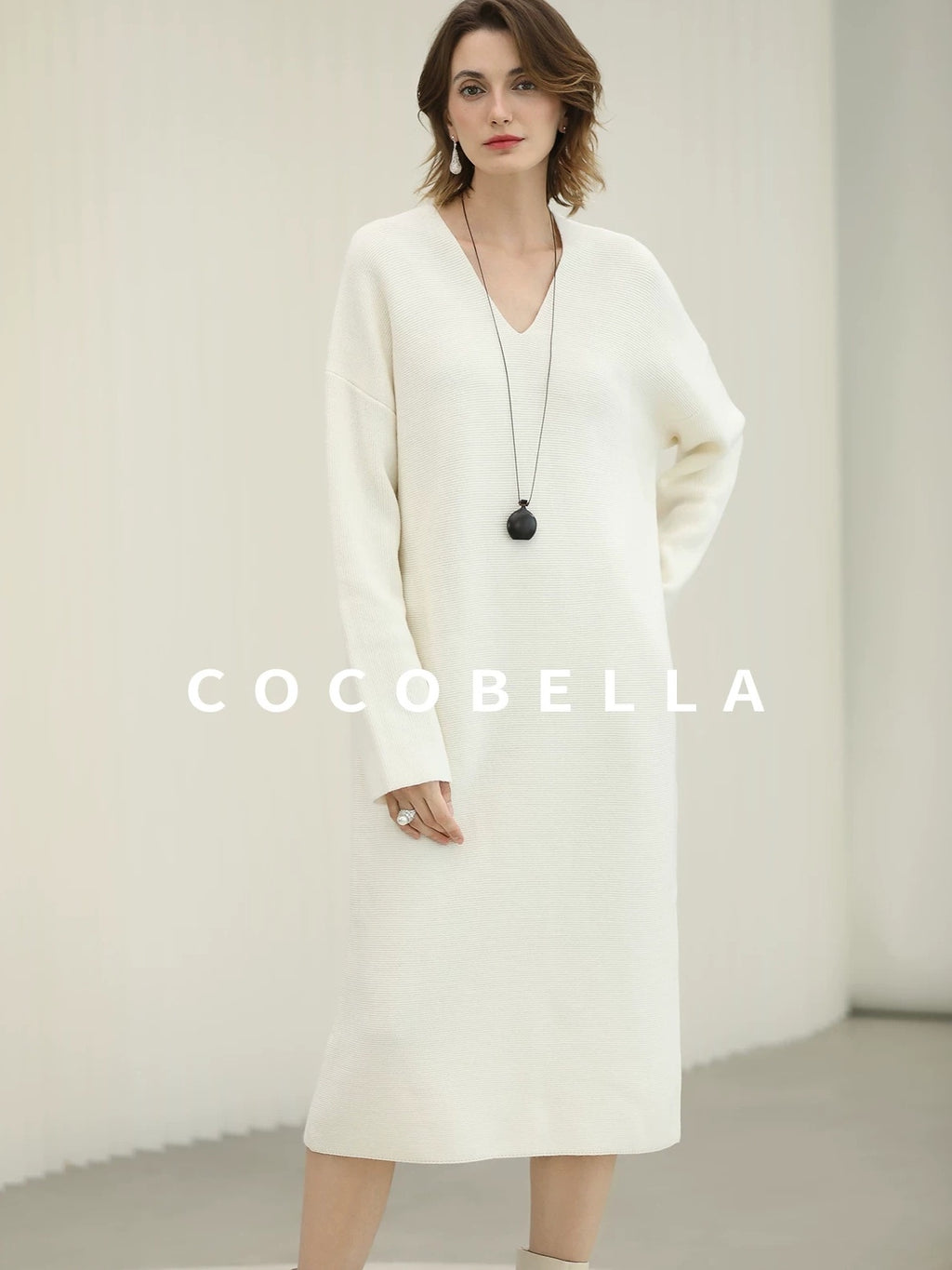 COCOBELLA Cozy Acrylic Wool Knit V Neck Drop Shoulder H Line Straight Commuter Dresses