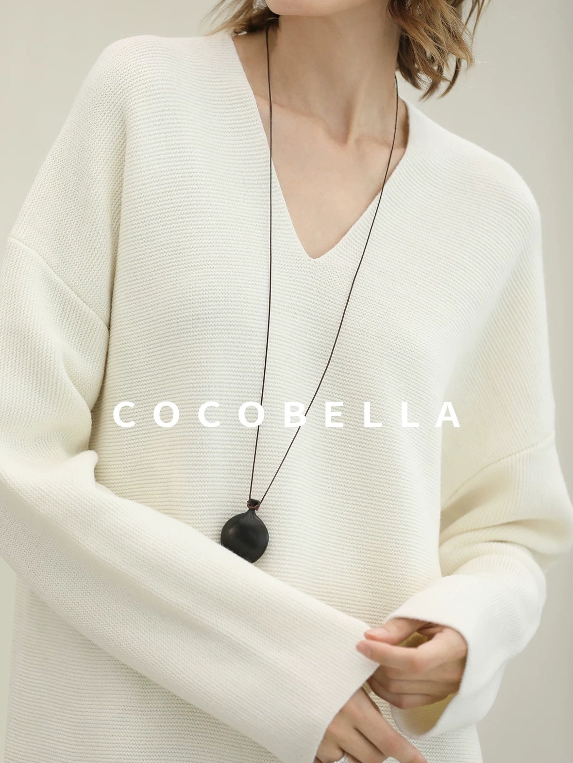 COCOBELLA Cozy Acrylic Wool Knit V Neck Drop Shoulder H Line Straight Commuter Dresses
