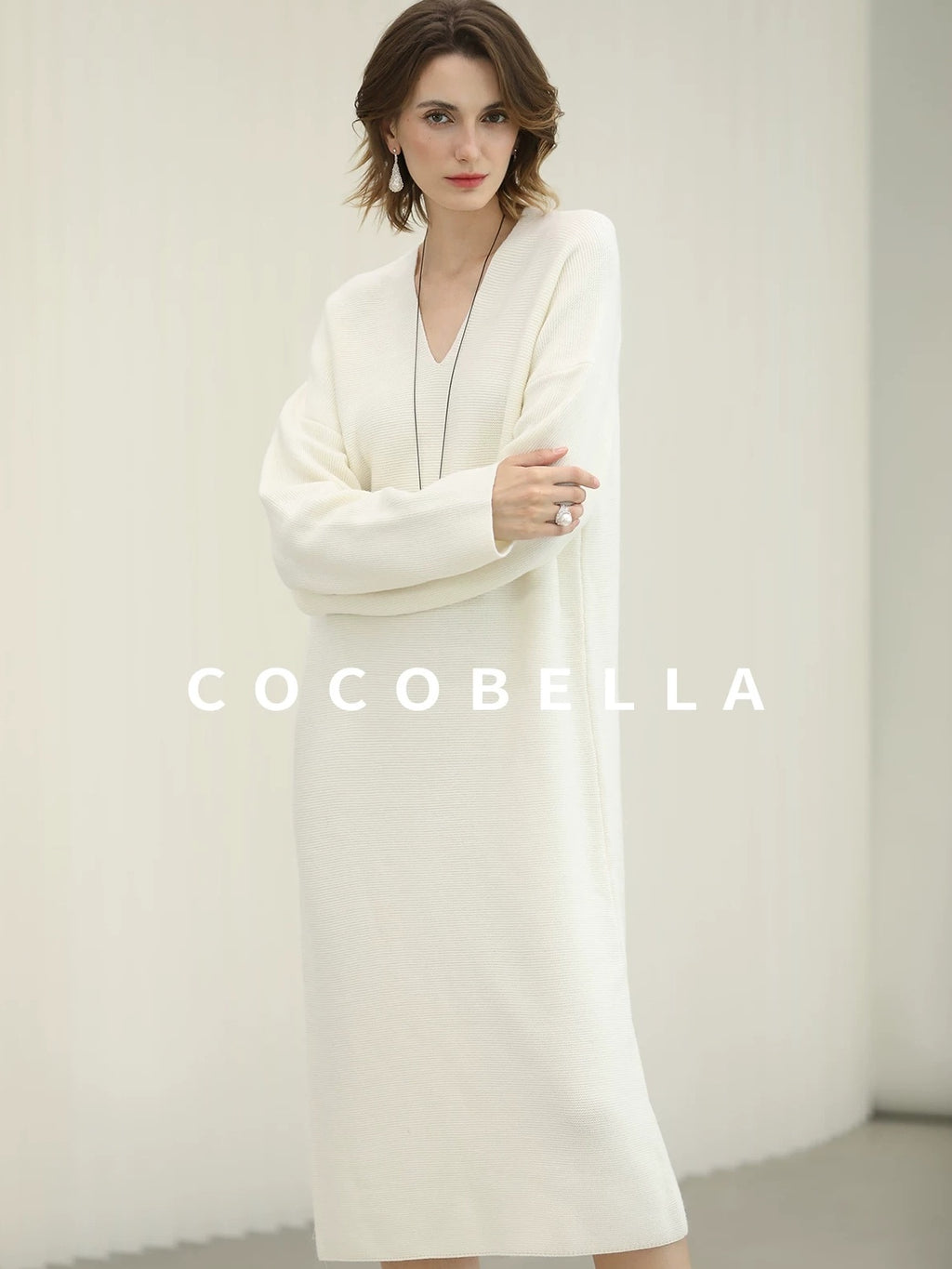COCOBELLA Cozy Acrylic Wool Knit V Neck Drop Shoulder H Line Straight Commuter Dresses