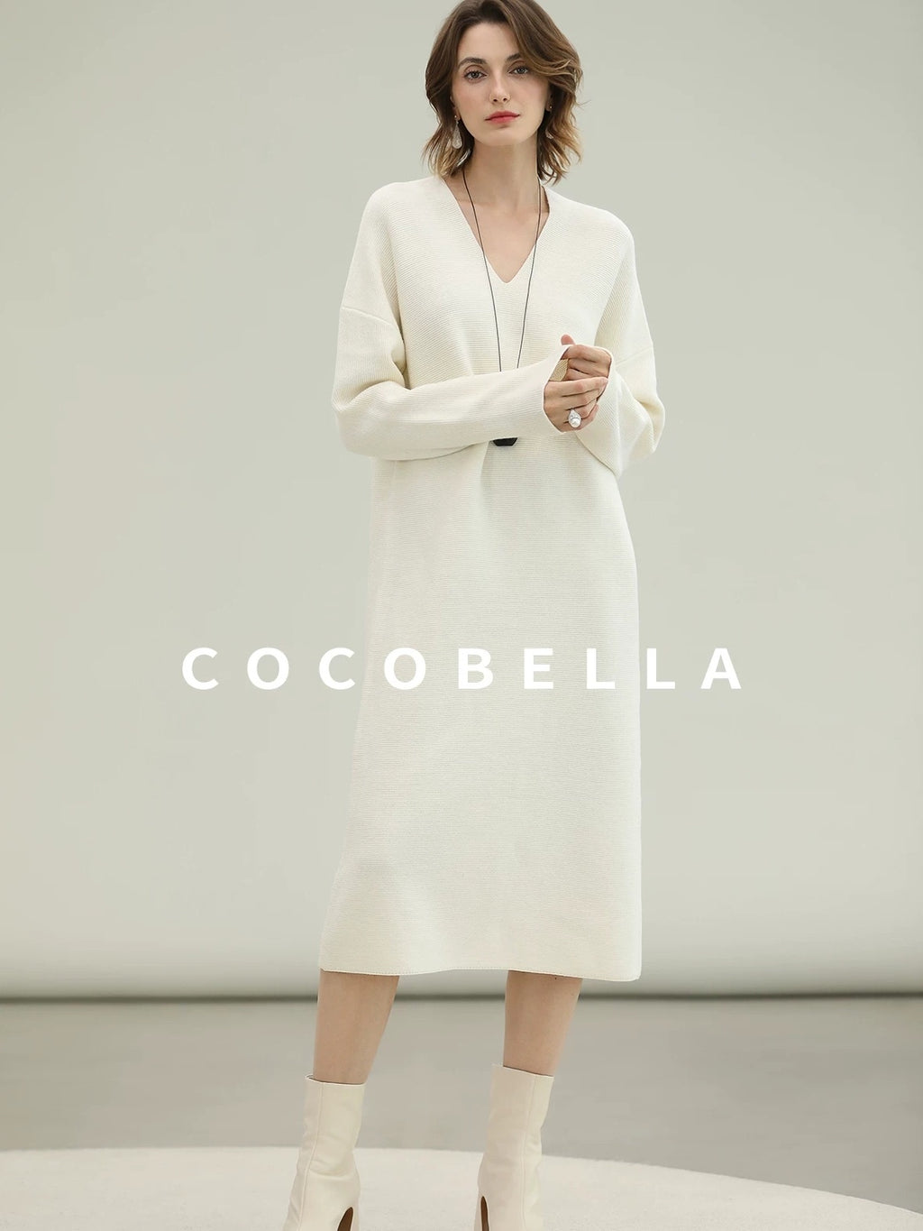 COCOBELLA Cozy Acrylic Wool Knit V Neck Drop Shoulder H Line Straight Commuter Dresses