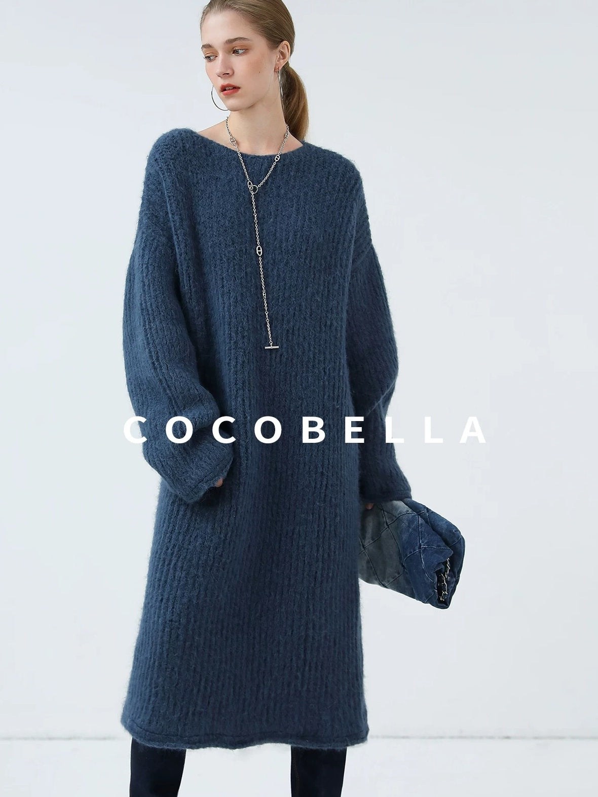COCOBELLA Cozy Alpaca Blend Knit Vintage Boatneck H Fit Rolled Hem Long Sleeve Dresses