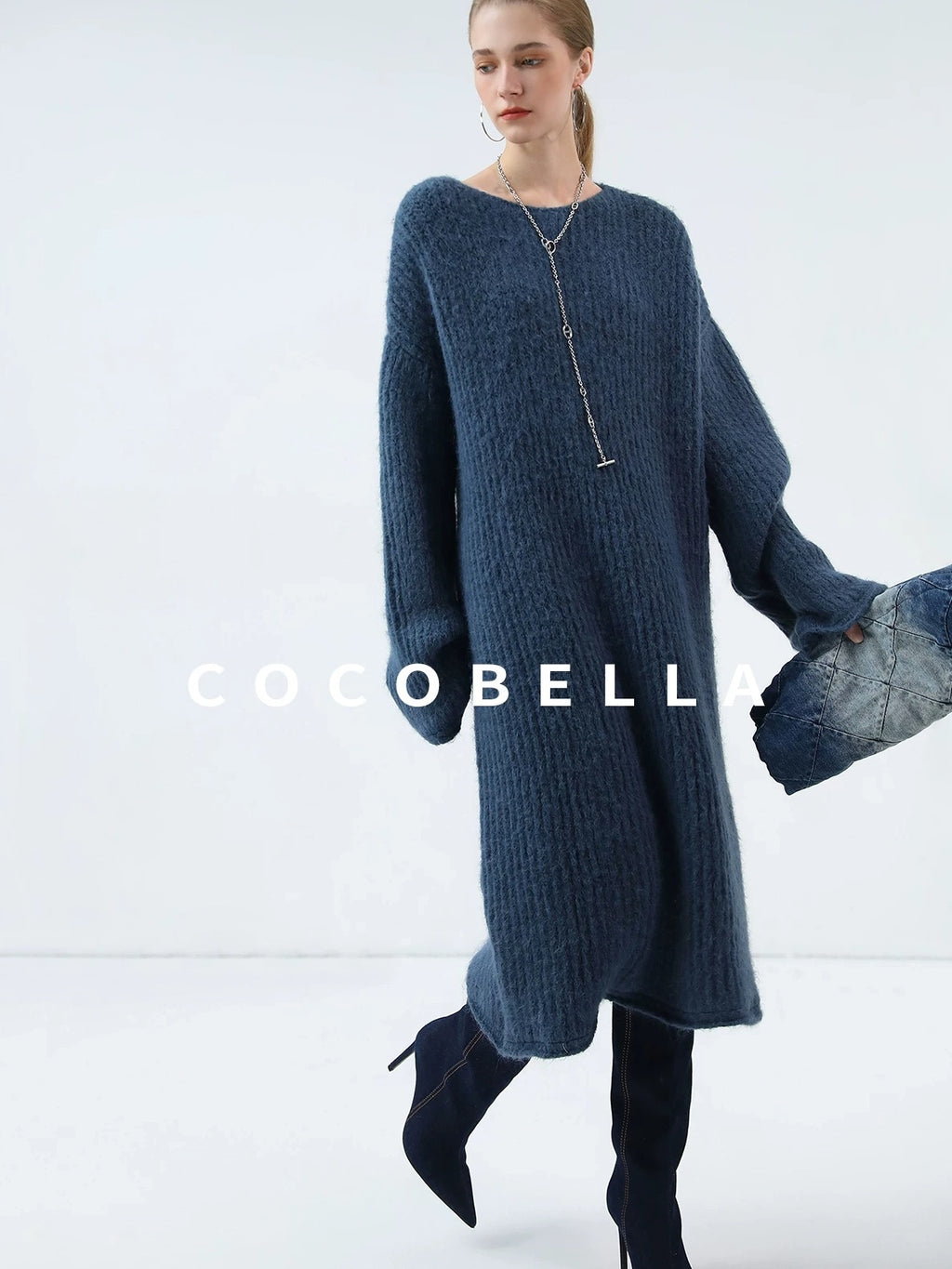 COCOBELLA Cozy Alpaca Blend Knit Vintage Boatneck H Fit Rolled Hem Long Sleeve Dresses